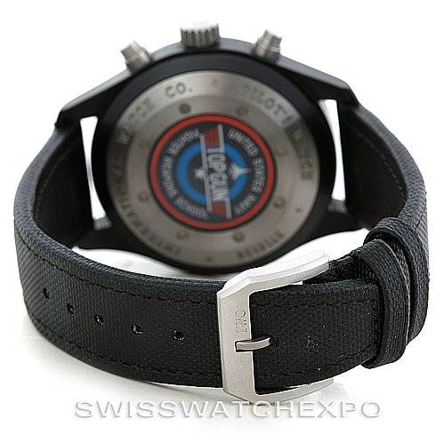 The image shows the back of the IWC Pilot IW378901 Men's Titanium Black Dial IW378901 Men's Titanium Black Dial model watch, highlighting its caseback and black strap with a stainless steel buckle.