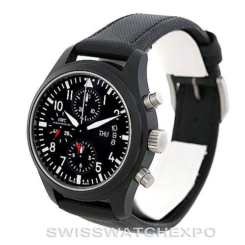 The image shows an IWC Pilot IW378901 Men's Titanium Black Dial IW378901 Men's Titanium Black Dial model watch at an angle that displays the face, crown, pushers, and part of the strap.
