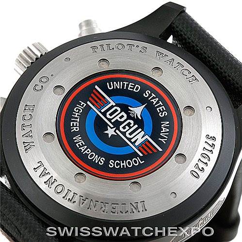 The image shows the case back of the IWC Pilot IW378901 Men's Titanium Black Dial IW378901 Men's Titanium Black Dial's Watch, featuring the Top Gun logo and engravings.