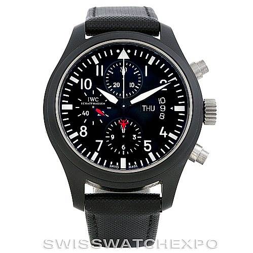 The image shows the front view of an IWC Pilot IW378901 Men's Titanium Black Dial IW378901 Men's Titanium Black Dial model watch, highlighting its dial, hands, subdials, and case.