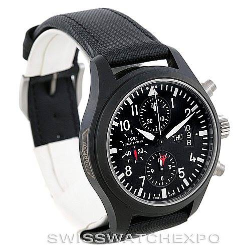 The IWC Pilot IW378901 Men's Titanium Black Dial IW378901 Men's Titanium Black Dial model watch is shown from a front angle, highlighting its black dial, chronograph subdials, and black strap.