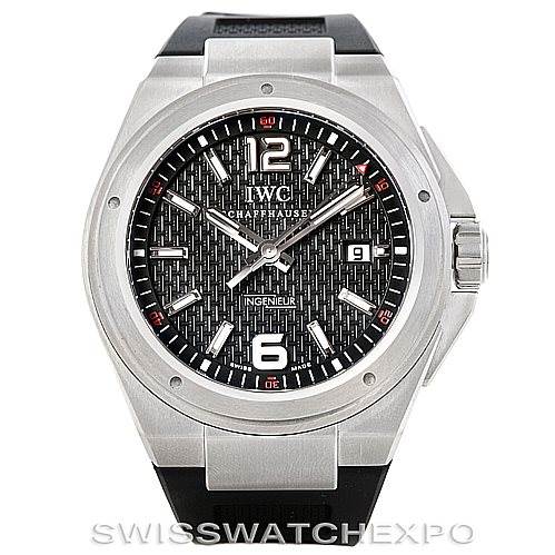 The image shows a front view of the IWC Ingenieur IW323601 Men's Stainless Steel Black Dial IW323601 Men's Stainless Steel Black Dial watch, displaying its dial, case, and partial strap.