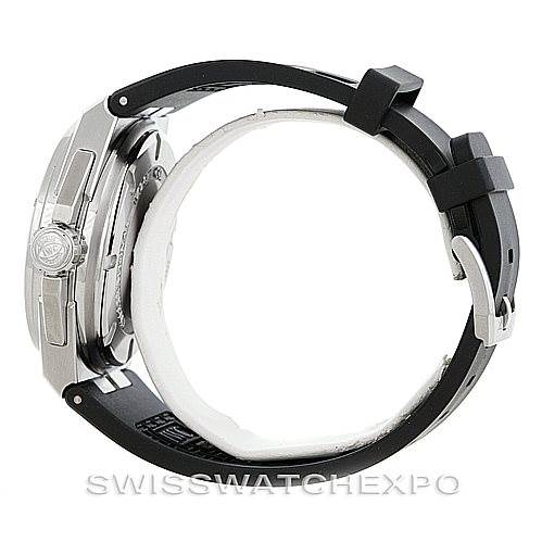 This side view of the IWC Ingenieur IW323601 Men's Stainless Steel Black Dial IW323601 Men's Stainless Steel Black Dial watch shows the case, crown, bezel, and black strap with a buckle.
