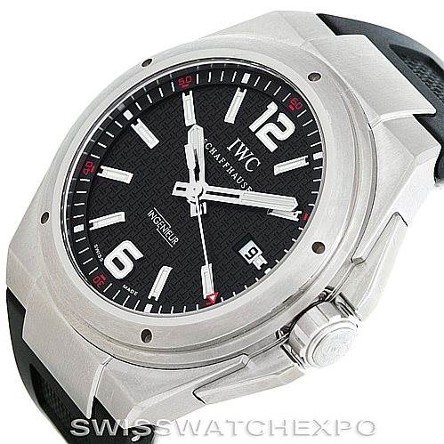 The IWC Ingenieur IW323601 Men's Stainless Steel Black Dial IW323601 Men's Stainless Steel Black Dial watch is shown from an angled front view, highlighting the dial, case, and part of the strap.