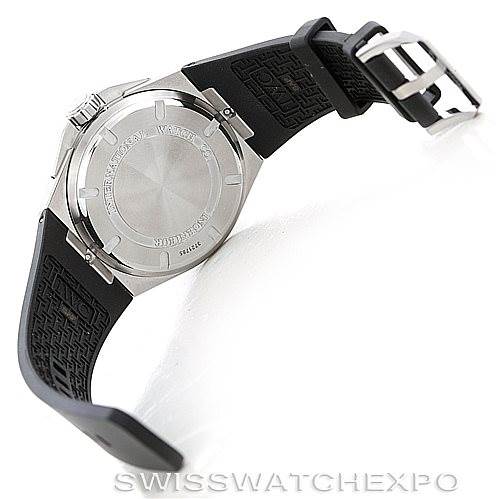 This image shows the back case and rubber strap of the IWC Ingenieur IW323601 Men's Stainless Steel Black Dial IW323601 Men's Stainless Steel Black Dial watch, positioned at an angle revealing the closed clasp.