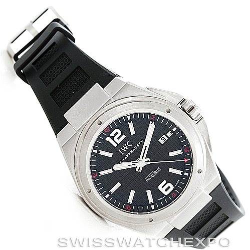 The image shows an IWC Ingenieur IW323601 Men's Stainless Steel Black Dial IW323601 Men's Stainless Steel Black Dial watch at an angled view, highlighting the face, strap, and crown.