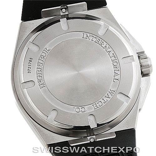 The image shows the back case of an IWC Ingenieur IW323601 Men's Stainless Steel Black Dial IW323601 Men's Stainless Steel Black Dial watch, featuring engravings and part of the rubber strap.