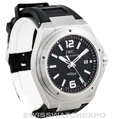 The IWC Ingenieur IW323601 Men's Stainless Steel Black Dial IW323601 Men's Stainless Steel Black Dial watch is shown from a front-left angle, displaying the face, bezel, and part of the strap.