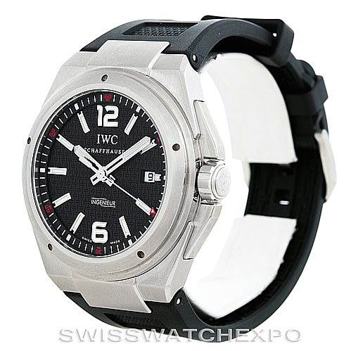 The image shows a side and front angle of an IWC Ingenieur IW323601 Men's Stainless Steel Black Dial IW323601 Men's Stainless Steel Black Dial watch, highlighting its dial, bezel, case, and strap.