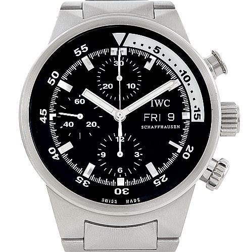 The image shows a frontal view of an IWC Aquatimer IW371928 Men's Stainless Steel Black Dial IW371928 Men's Stainless Steel Black Dial watch displaying the face, crown, and chronograph pushers.