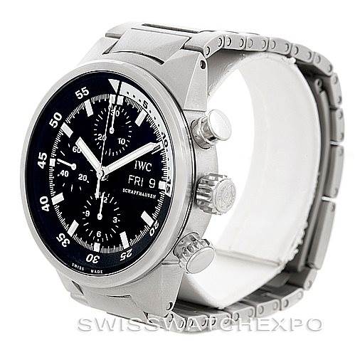 The image shows an IWC Aquatimer IW371928 Men's Stainless Steel Black Dial IW371928 Men's Stainless Steel Black Dial watch from an angled side view, highlighting the face, bezel, pushers, and a portion of the bracelet.