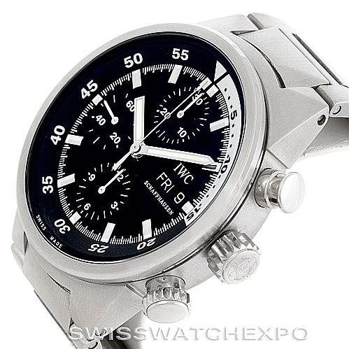 The image shows an angled view of the IWC Aquatimer IW371928 Men's Stainless Steel Black Dial IW371928 Men's Stainless Steel Black Dial watch, highlighting its black dial, chronograph subdials, and stainless steel case and crown.