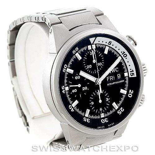 The image shows an IWC Aquatimer IW371928 Men's Stainless Steel Black Dial IW371928 Men's Stainless Steel Black Dial watch from a three-quarter angle, highlighting its face and bracelet.