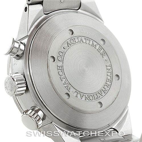 The image shows the back and side view of an IWC Aquatimer IW371928 Men's Stainless Steel Black Dial IW371928 Men's Stainless Steel Black Dial watch, highlighting its case back, crown, and pushers.