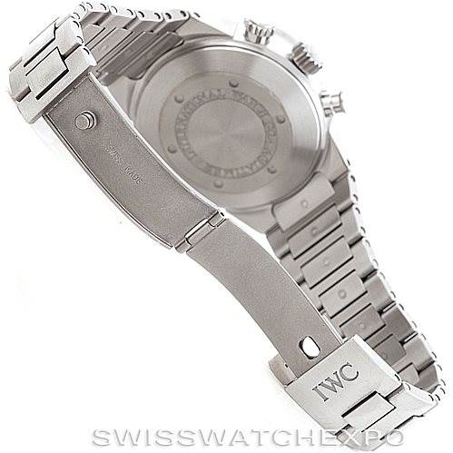 This image shows the back case and metal bracelet of an IWC Aquatimer IW371928 Men's Stainless Steel Black Dial IW371928 Men's Stainless Steel Black Dial watch from an angled rear view.