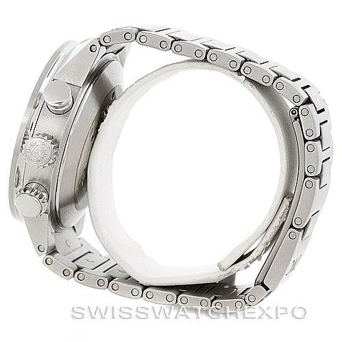 The image shows a side view of the IWC Aquatimer IW371928 Men's Stainless Steel Black Dial IW371928 Men's Stainless Steel Black Dial watch highlighting the crown, pushers, and metal bracelet.