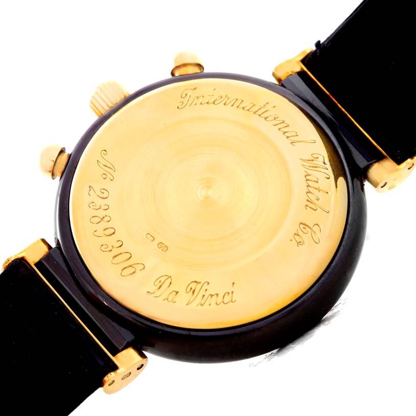 This image shows the back of an IWC Da Vinci 3755 Men's Yellow Gold White Dial 3755 Men's Yellow Gold White Dial watch, detailing the engraved brand name and model.