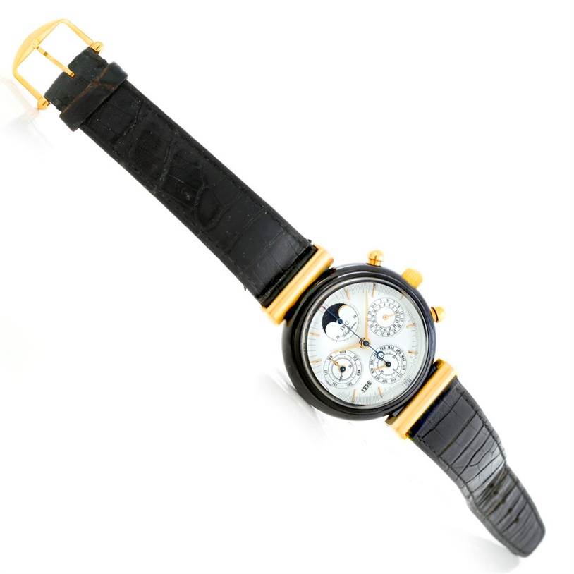 The image shows a full view of the IWC Da Vinci 3755 Men's Yellow Gold White Dial 3755 Men's Yellow Gold White Dial watch with a black leather strap and a detailed multi-function dial.