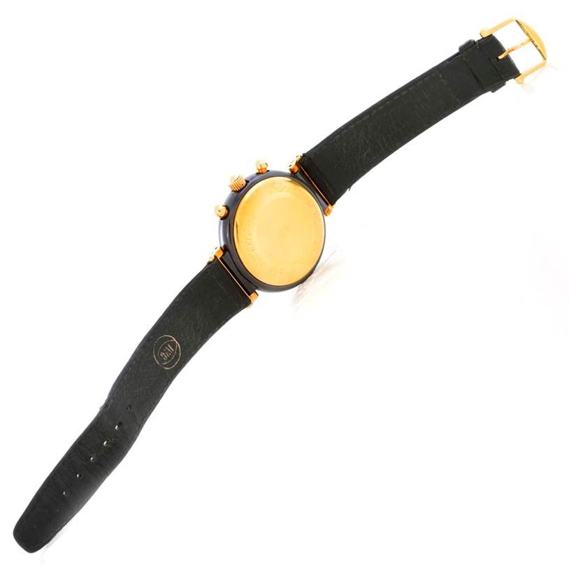 This image shows the back view of the IWC Da Vinci 3755 Men's Yellow Gold White Dial 3755 Men's Yellow Gold White Dial model watch, highlighting its strap, buckle, and caseback.