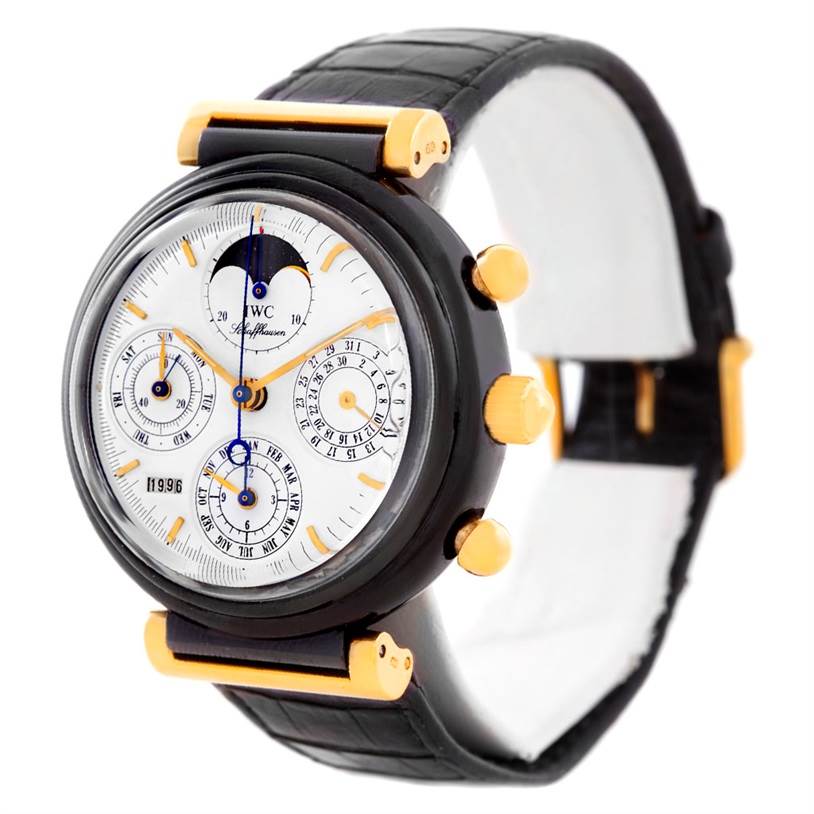 The IWC Da Vinci 3755 Men's Yellow Gold White Dial 3755 Men's Yellow Gold White Dial watch is shown at a three-quarter angle, highlighting the face with multiple sub-dials and moon phase indicator.