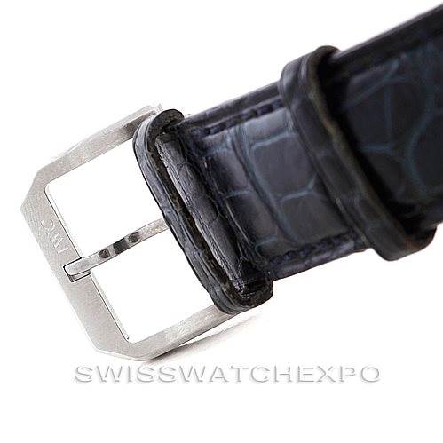 This image shows the buckle and part of the strap of an IWC Portuguese IW371447 Men
s Stainless Steel Black Dial IW371447 Men
s Stainless Steel Black Dial model watch, highlighting its clasp and leather texture.