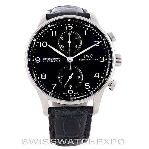 This image shows a frontal view of the IWC Portuguese IW371447 Men
s Stainless Steel Black Dial IW371447 Men
s Stainless Steel Black Dial Chronograph Automatic watch, highlighting its black dial, sub-dials, and leather strap.