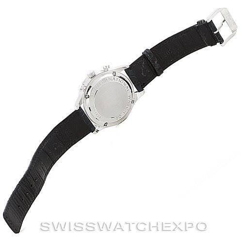 The image shows the back view of an IWC Portuguese IW371447 Men
s Stainless Steel Black Dial IW371447 Men
s Stainless Steel Black Dial model watch, with its black leather strap and stainless steel case back visible.