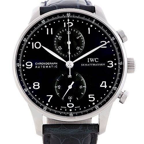 The image shows a front view of the IWC Portuguese IW371447 Men
s Stainless Steel Black Dial IW371447 Men
s Stainless Steel Black Dial Chronograph Automatic watch, highlighting its black dial, chronograph subdials, and leather strap.