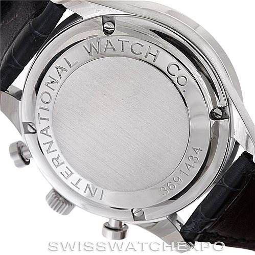 This image shows the back case and side view of the IWC Portuguese IW371447 Men
s Stainless Steel Black Dial IW371447 Men
s Stainless Steel Black Dial model watch, highlighting the engraving and crown.