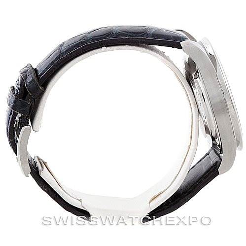 Side view of the IWC Portuguese IW371447 Men
s Stainless Steel Black Dial IW371447 Men
s Stainless Steel Black Dial model watch, showing the case, bezel, and leather strap.