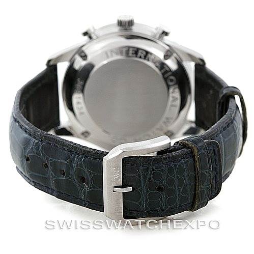 The image shows the back view of an IWC Portuguese IW371447 Men
s Stainless Steel Black Dial IW371447 Men
s Stainless Steel Black Dial model watch, focusing on the case back and leather strap with buckle.