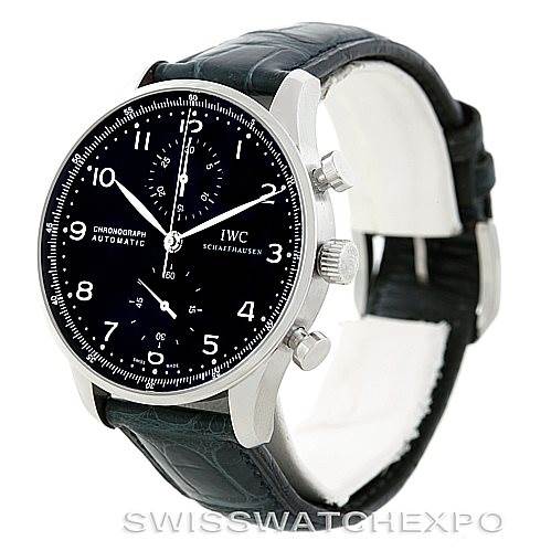 This IWC Portuguese IW371447 Men
s Stainless Steel Black Dial IW371447 Men
s Stainless Steel Black Dial model watch is shown from a front-angle, displaying its dial, hands, and leather strap.