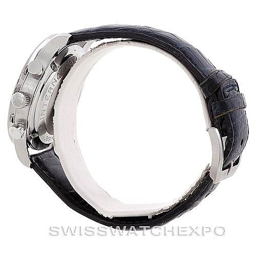 This image shows a side profile of an IWC Portuguese IW371447 Men
s Stainless Steel Black Dial IW371447 Men
s Stainless Steel Black Dial watch, highlighting the case, pushers, and leather strap.