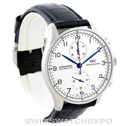 The image shows an IWC Portuguese IW371417 Men
s Stainless Steel Silver Dial IW371417 Men
s Stainless Steel Silver Dial model watch from a front angle, displaying the dial and part of the strap.