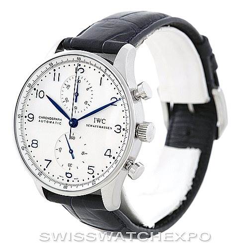 The image shows a side angle view of an IWC Portuguese IW371417 Men
s Stainless Steel Silver Dial IW371417 Men
s Stainless Steel Silver Dial Chronograph watch, highlighting the dial, crown, and pushers.