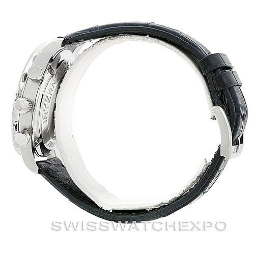The image shows a side profile view of an IWC Portuguese IW371417 Men
s Stainless Steel Silver Dial IW371417 Men
s Stainless Steel Silver Dial watch, highlighting the crown, pushers, and a black leather strap.