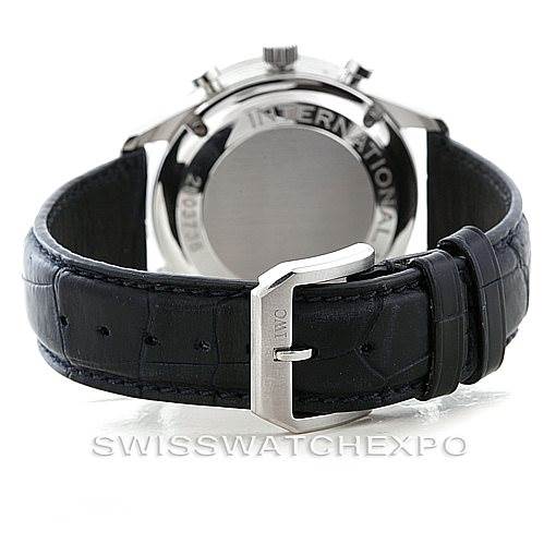 This image shows the back view of an IWC Portuguese IW371417 Men
s Stainless Steel Silver Dial IW371417 Men
s Stainless Steel Silver Dial model watch, focusing on the buckle and leather strap.