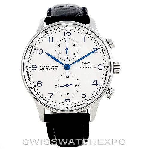This image shows a front view of the IWC Portuguese IW371417 Men
s Stainless Steel Silver Dial IW371417 Men
s Stainless Steel Silver Dial model watch, highlighting its white dial, blue hands, and black leather strap.