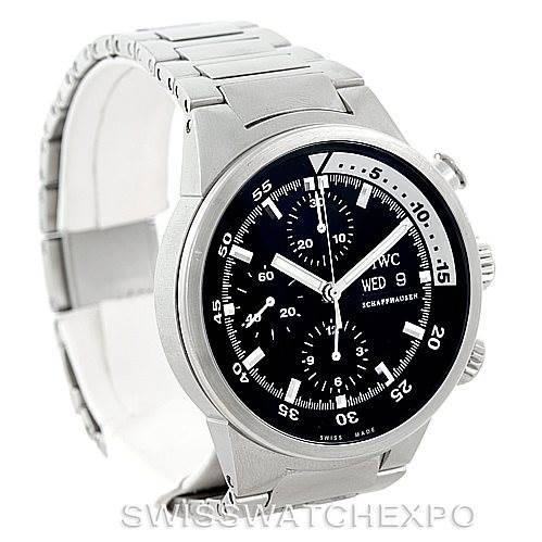 This image shows an IWC Aquatimer IW371928 Men's Stainless Steel Black Dial IW371928 Men's Stainless Steel Black Dial watch from a front angle, highlighting its stainless steel bracelet, dial, and chronograph features.