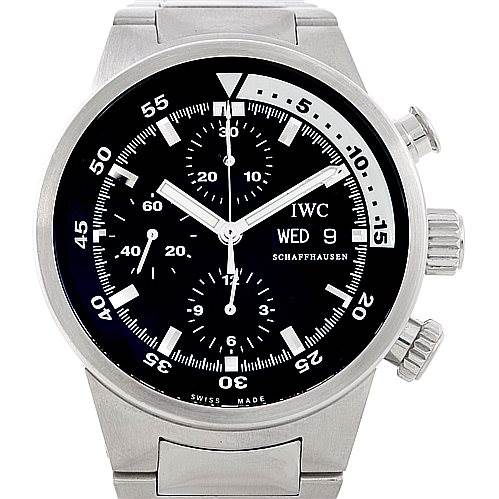 The IWC Aquatimer IW371928 Men's Stainless Steel Black Dial IW371928 Men's Stainless Steel Black Dial watch is shown from the front, displaying its face, bezel, chronograph sub-dials, and pushers.