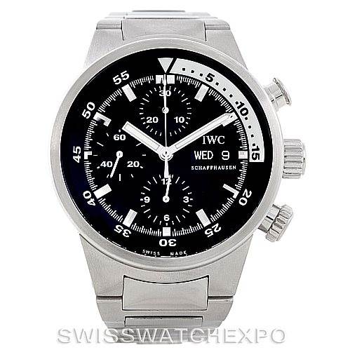 The image shows a front view of the IWC Aquatimer IW371928 Men's Stainless Steel Black Dial IW371928 Men's Stainless Steel Black Dial watch, displaying the dial, hands, sub-dials, bezel, and bracelet.