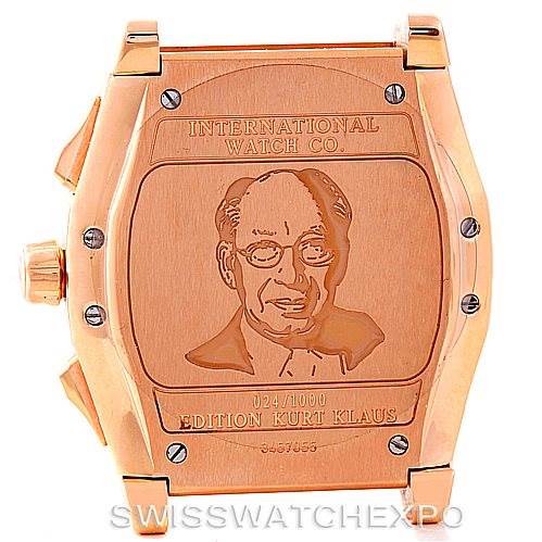 The image shows the back case of the IWC Da Vinci IW376205 Men's Rose Gold Black Dial IW376205 Men's Rose Gold Black Dial Edition Kurt Klaus watch, featuring an engraved portrait.