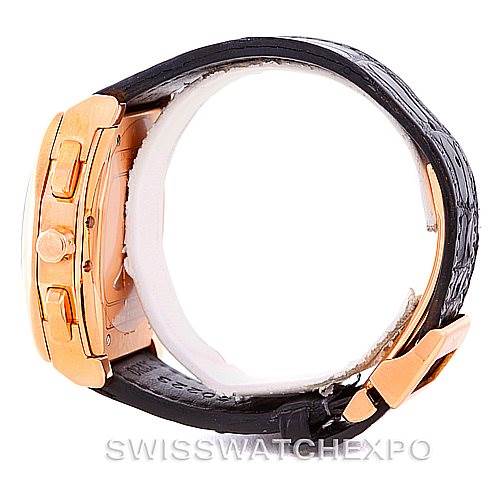 This image shows a side view of an IWC Da Vinci IW376205 Men's Rose Gold Black Dial IW376205 Men's Rose Gold Black Dial watch, highlighting the gold case, crown, pushers, and black leather strap.