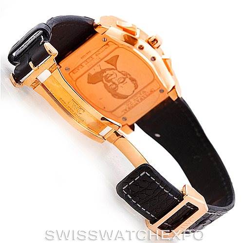 The image shows the back view of an IWC Da Vinci IW376205 Men's Rose Gold Black Dial IW376205 Men's Rose Gold Black Dial model watch including the rear case, leather strap, and clasp.