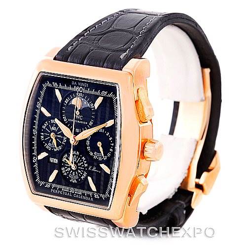 This image shows the IWC Da Vinci IW376205 Men's Rose Gold Black Dial IW376205 Men's Rose Gold Black Dial model watch from an angled perspective, highlighting its black leather strap and gold case.