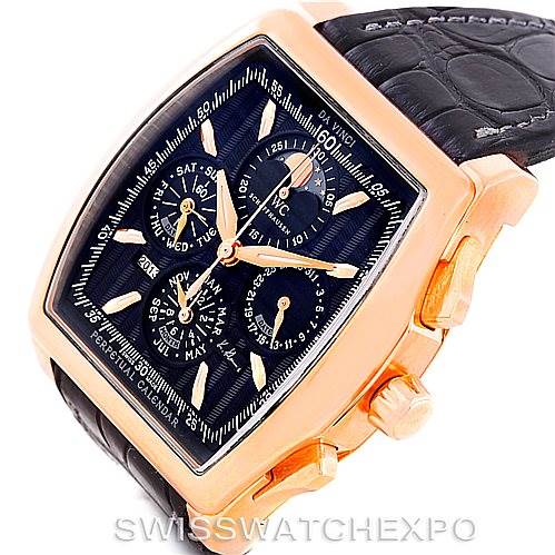 The image shows the IWC Da Vinci IW376205 Men's Rose Gold Black Dial IW376205 Men's Rose Gold Black Dial model watch from an angled view, highlighting its face, side buttons, and part of the leather strap.