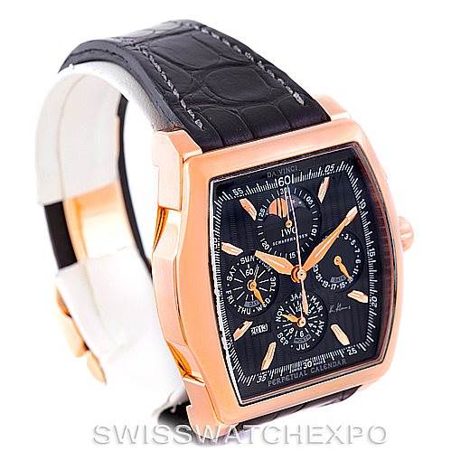 The image shows an IWC Da Vinci IW376205 Men's Rose Gold Black Dial IW376205 Men's Rose Gold Black Dial watch featuring a rose gold case, black dial with multiple subdials, and a black leather strap at a slight angle.