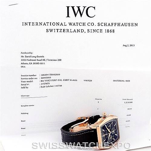 The image shows a side and top view of an IWC Da Vinci IW376205 Men's Rose Gold Black Dial IW376205 Men's Rose Gold Black Dial watch, accompanied by its purchase receipt.