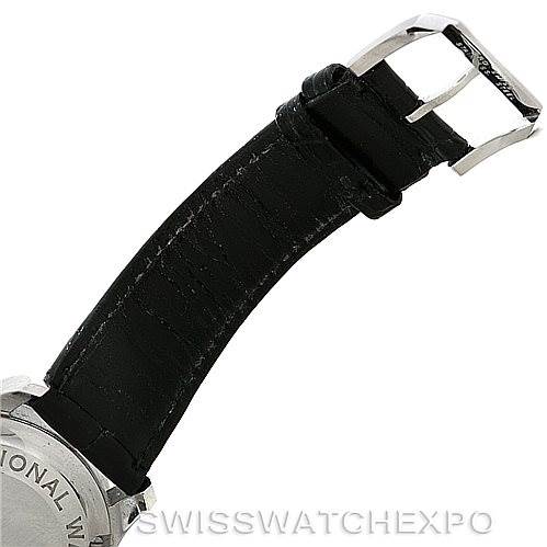 The image shows the back of an IWC Portuguese IW371445 Men's Stainless Steel Silver Dial IW371445 Men's Stainless Steel Silver Dial watch with a partial view of the leather strap and buckle.