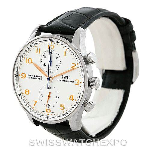 This image shows an IWC Portuguese IW371445 Men's Stainless Steel Silver Dial IW371445 Men's Stainless Steel Silver Dial model watch angled to display the watch face, side buttons, and leather strap.